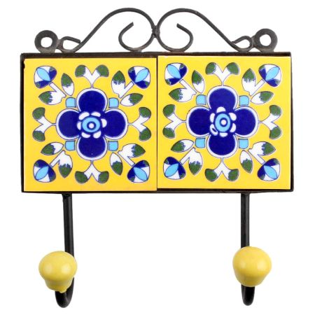 Yellow Navy Blue Floral Tiles Hooks
